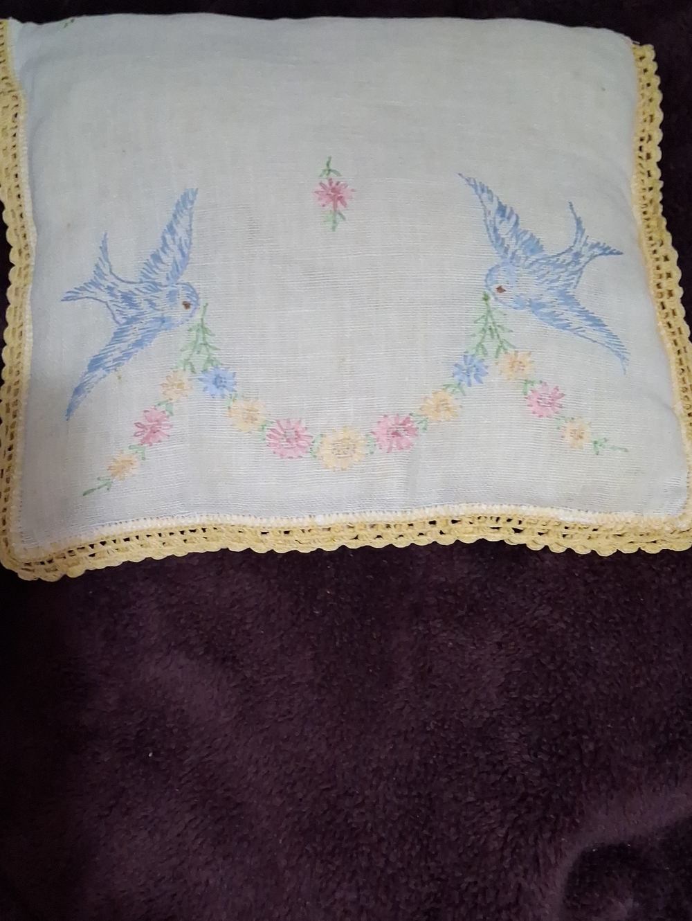 Vintage Embroidered Blue Bird Floral Pillow with Yellow Crochet Edge